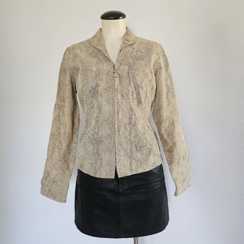 Y2k leather snake-like beige snag fitting zip-up v-neck biker jacket Size S